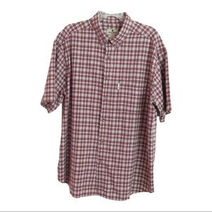 WOOLRICH Short Sleeve Button Down Plaid Men’s Shirt, XL,Burgundy/White Plaid EUC